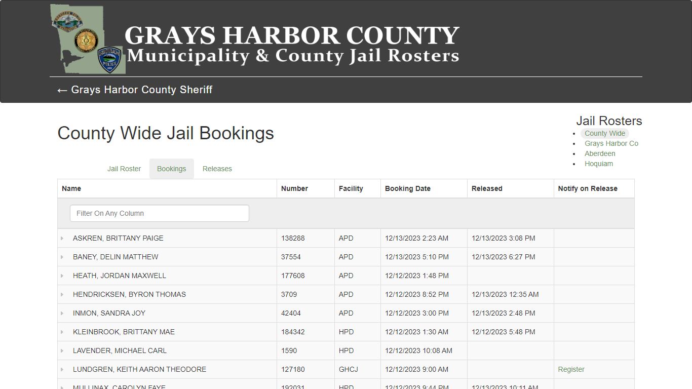 County Wide Jail Bookings